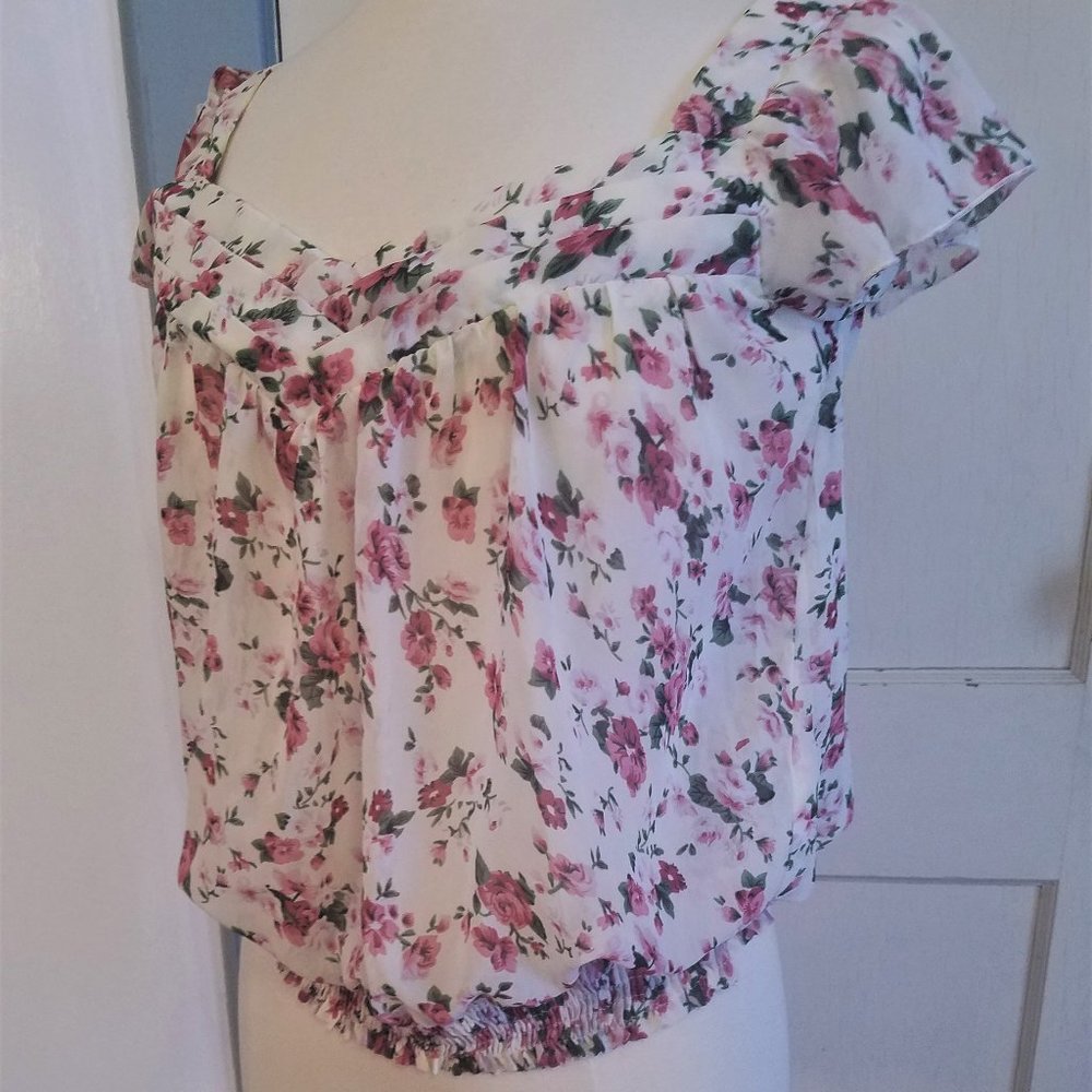 Pink Floral Print Sheer White Flouncy Sleeve Crop